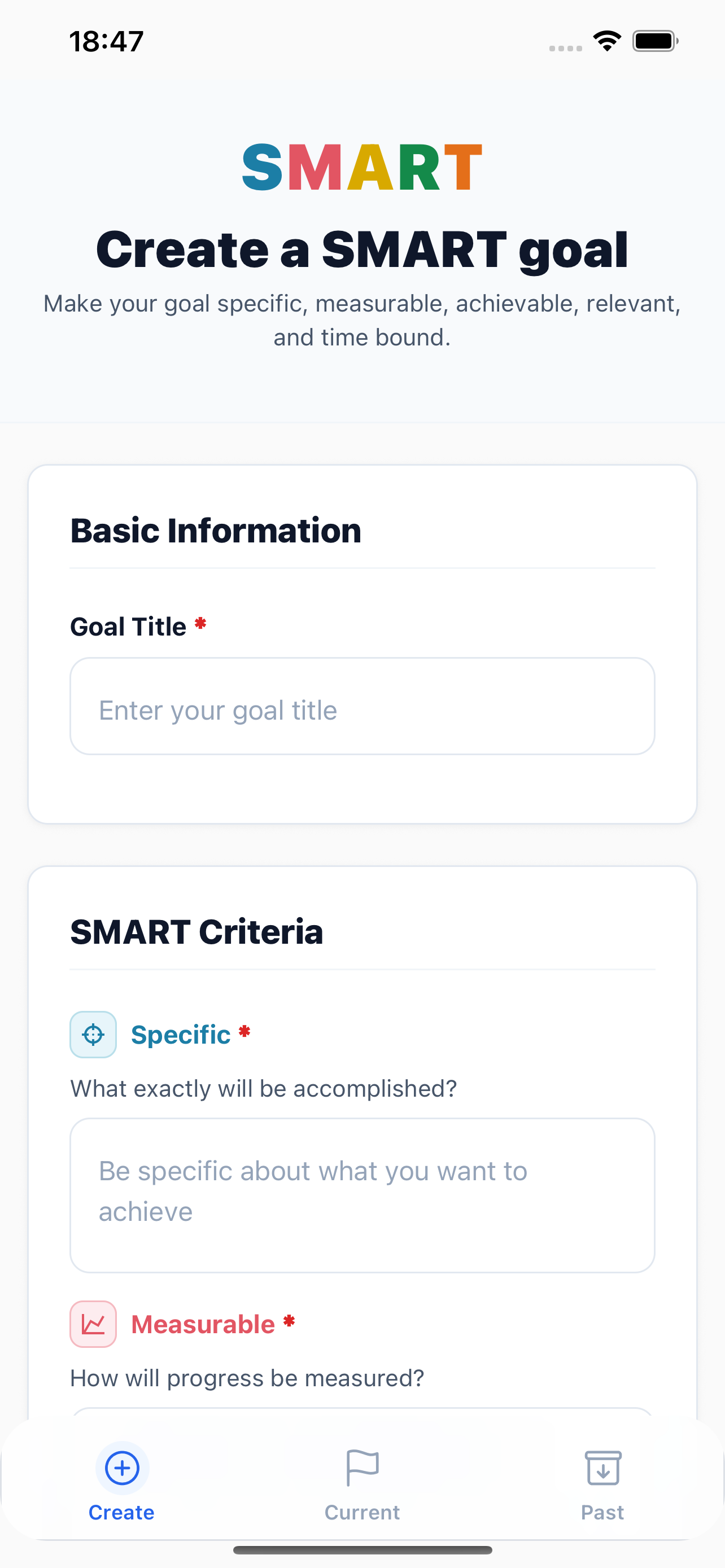 SMART goal setter app showing the goal creation flow