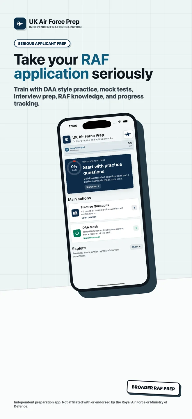 UK Air Force Prep App Store screenshot showing the app dashboard and RAF application preparation